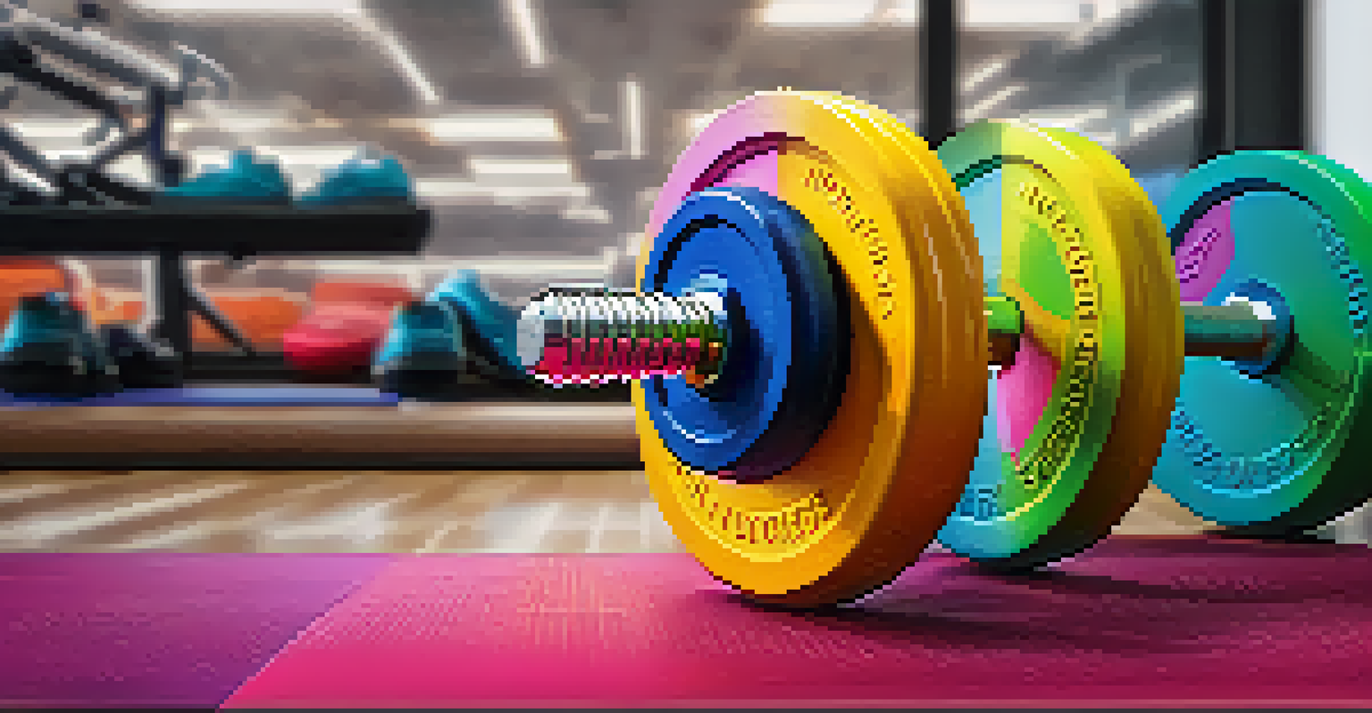 Close-up of dumbbells on a gym mat with sneakers, suggesting a workout setting in a fitness studio.