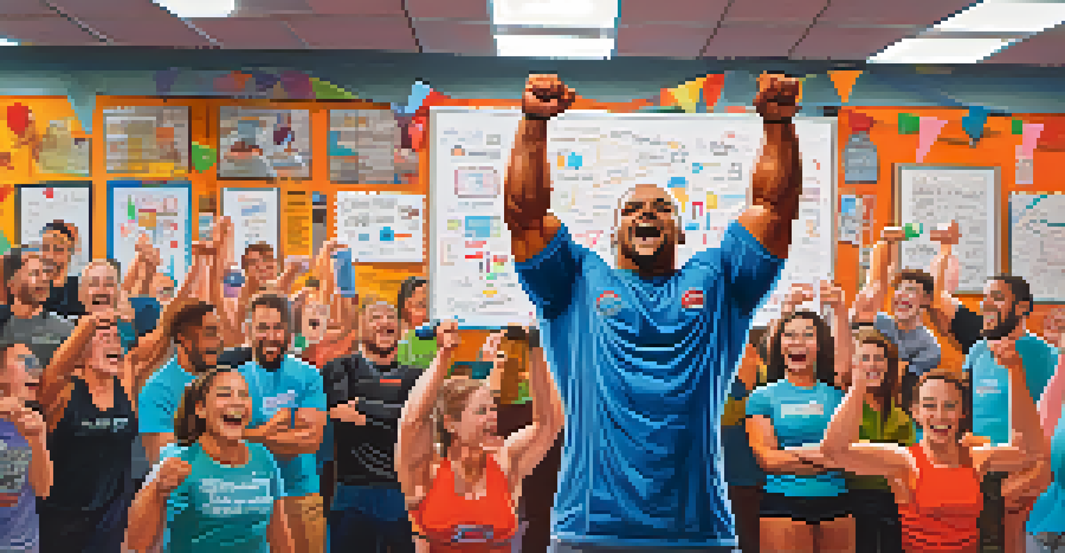 A powerlifter celebrating achievements beside a whiteboard filled with personal records, surrounded by cheering friends.