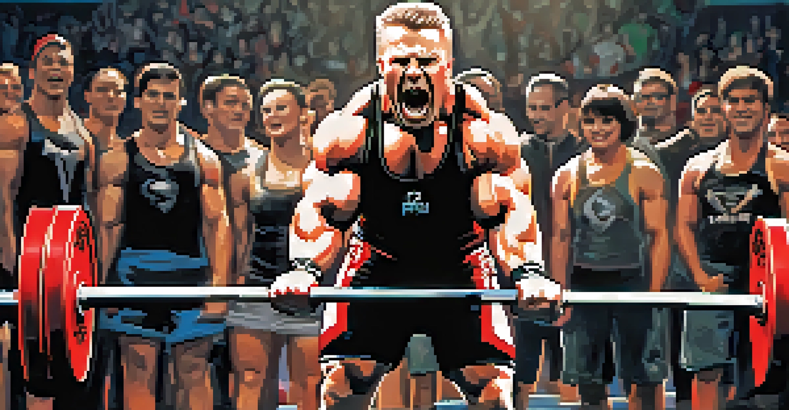 A close-up of a shiny powerlifting barbell loaded with weights, with blurred cheering fans in the background.