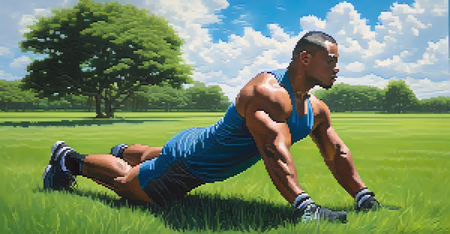 A powerlifter stretching in a grassy field under a blue sky, promoting rest and recovery.