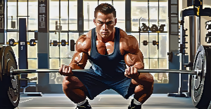 A powerlifter in a gym, focusing on a barbell with a determined expression, surrounded by gym equipment.