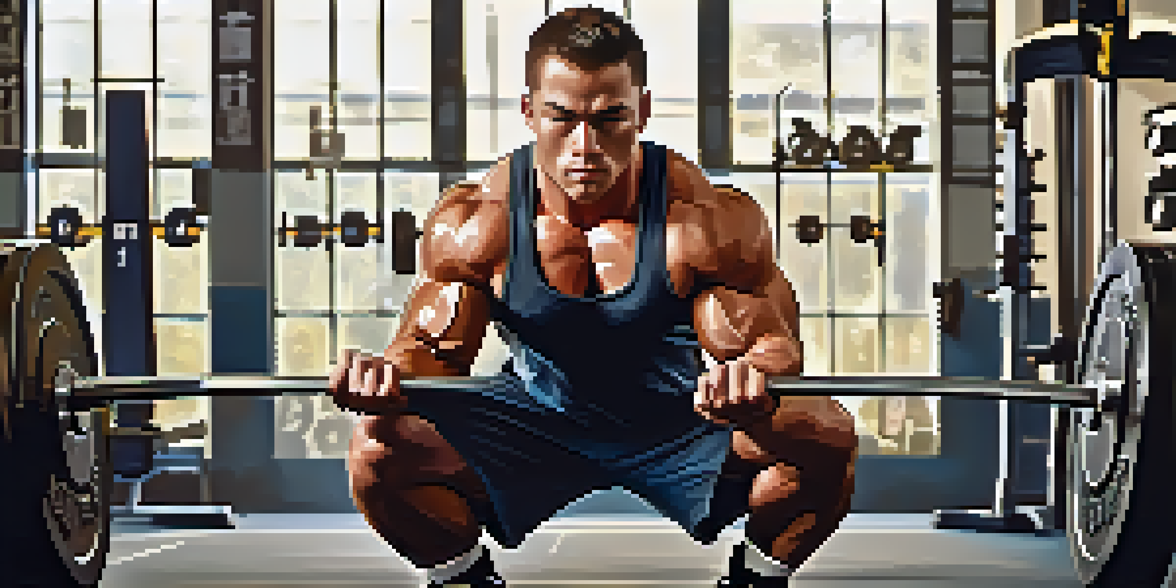 A powerlifter in a gym, focusing on a barbell with a determined expression, surrounded by gym equipment.