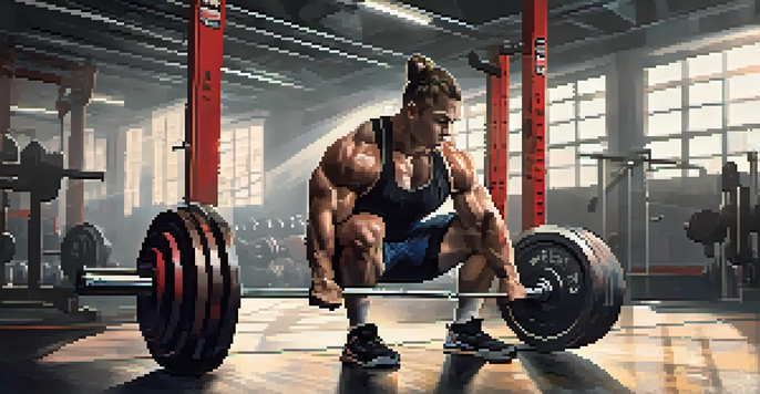 A powerlifting athlete focused on preparing for a squat in a gym, with weights and motivational posters in the background.