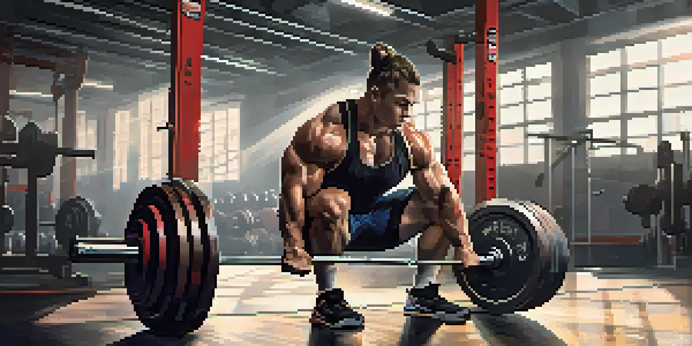 A powerlifting athlete focused on preparing for a squat in a gym, with weights and motivational posters in the background.