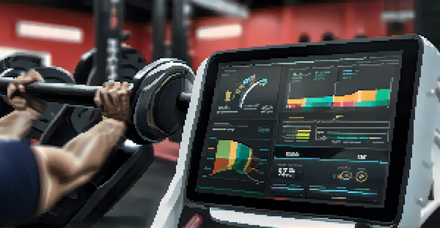 A close-up of a VR controller displaying workout stats, set against an immersive gym background.