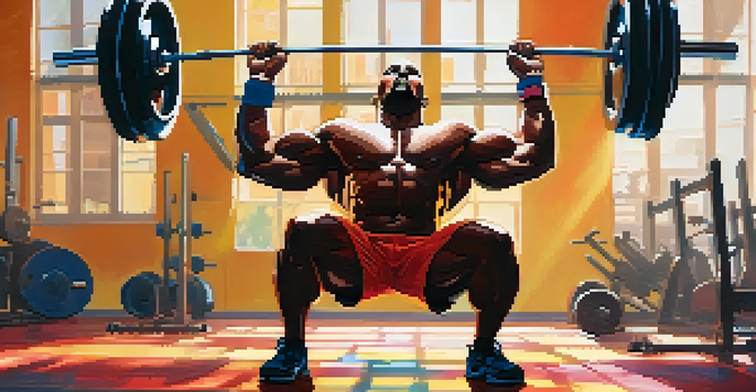 A powerlifter lifting a heavy barbell in a colorful gym, with sunlight streaming through the windows and motivational posters on the walls.