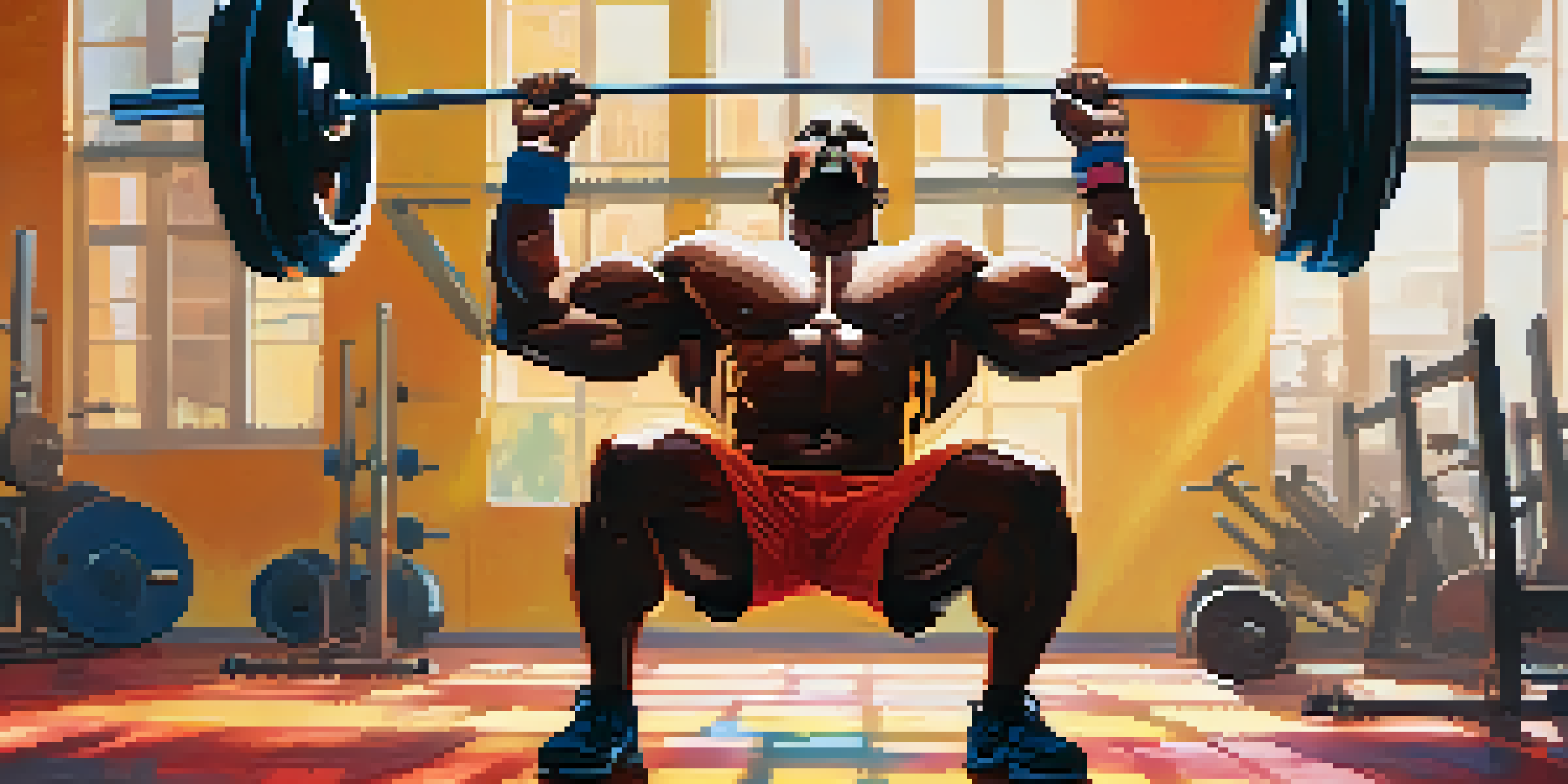 A powerlifter lifting a heavy barbell in a colorful gym, with sunlight streaming through the windows and motivational posters on the walls.