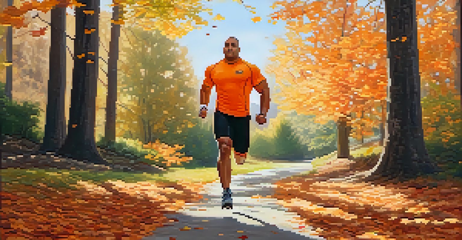 A powerlifter jogging outdoors in an autumn landscape with colorful trees and soft sunlight.