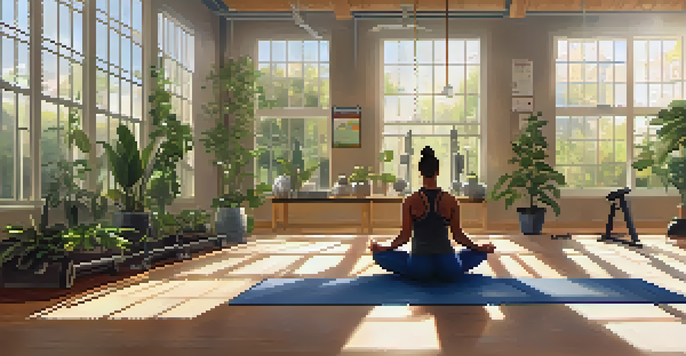 A powerlifter doing light stretching exercises on a yoga mat in a bright, serene gym environment with weights and plants in the background.