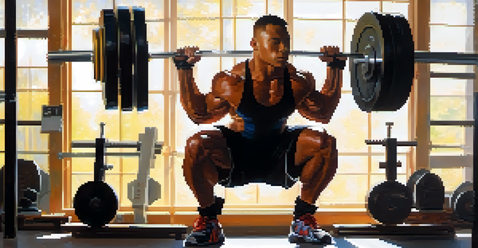 A powerlifter practicing focused breathing in a bright gym, surrounded by weights, with sunlight streaming in.
