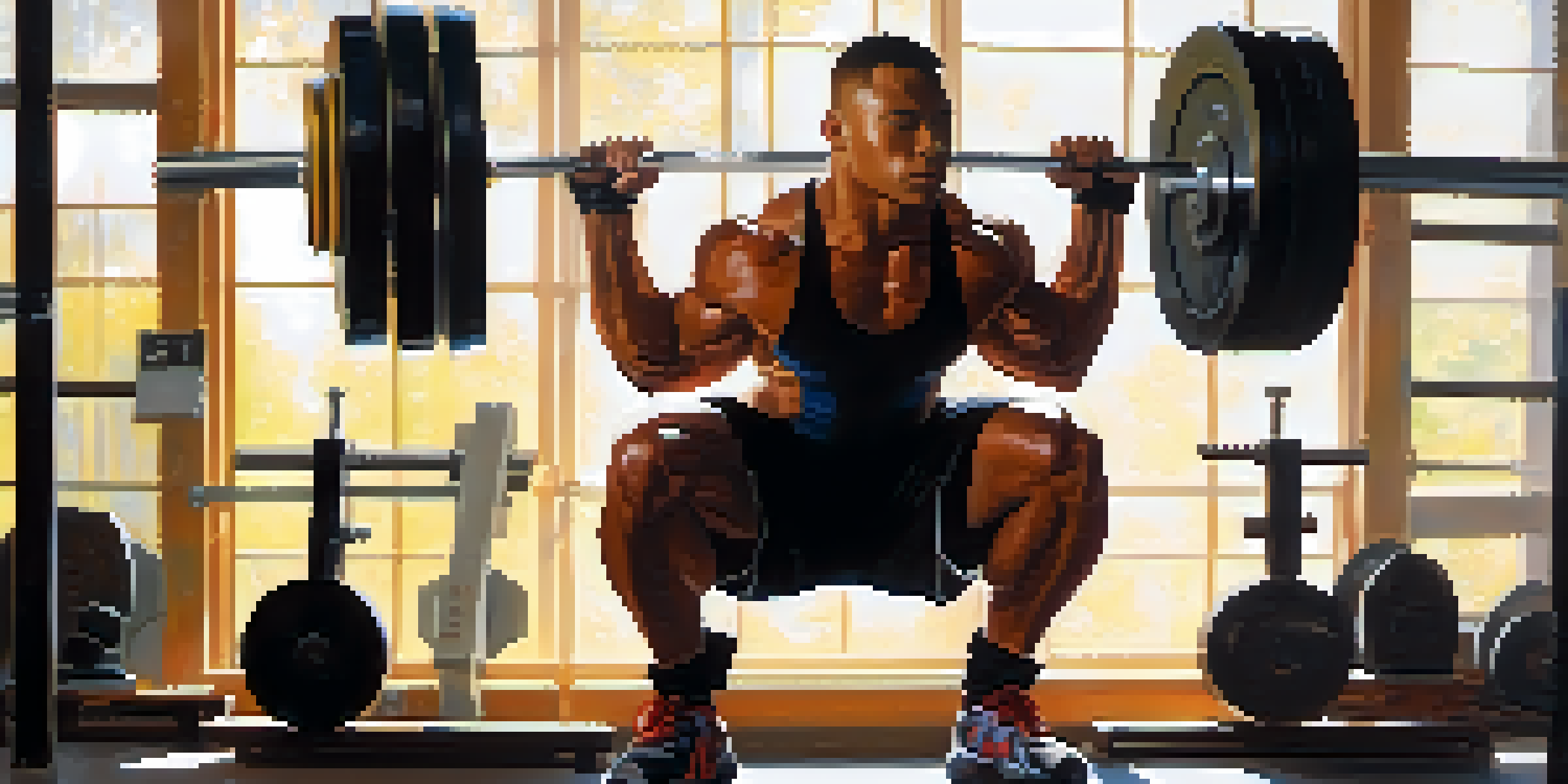 A powerlifter practicing focused breathing in a bright gym, surrounded by weights, with sunlight streaming in.