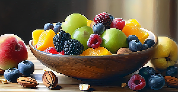 A close-up view of a bowl of colorful fresh fruits and nuts, with chia seeds sprinkled on top, placed on a wooden table with sunlight illuminating the scene.