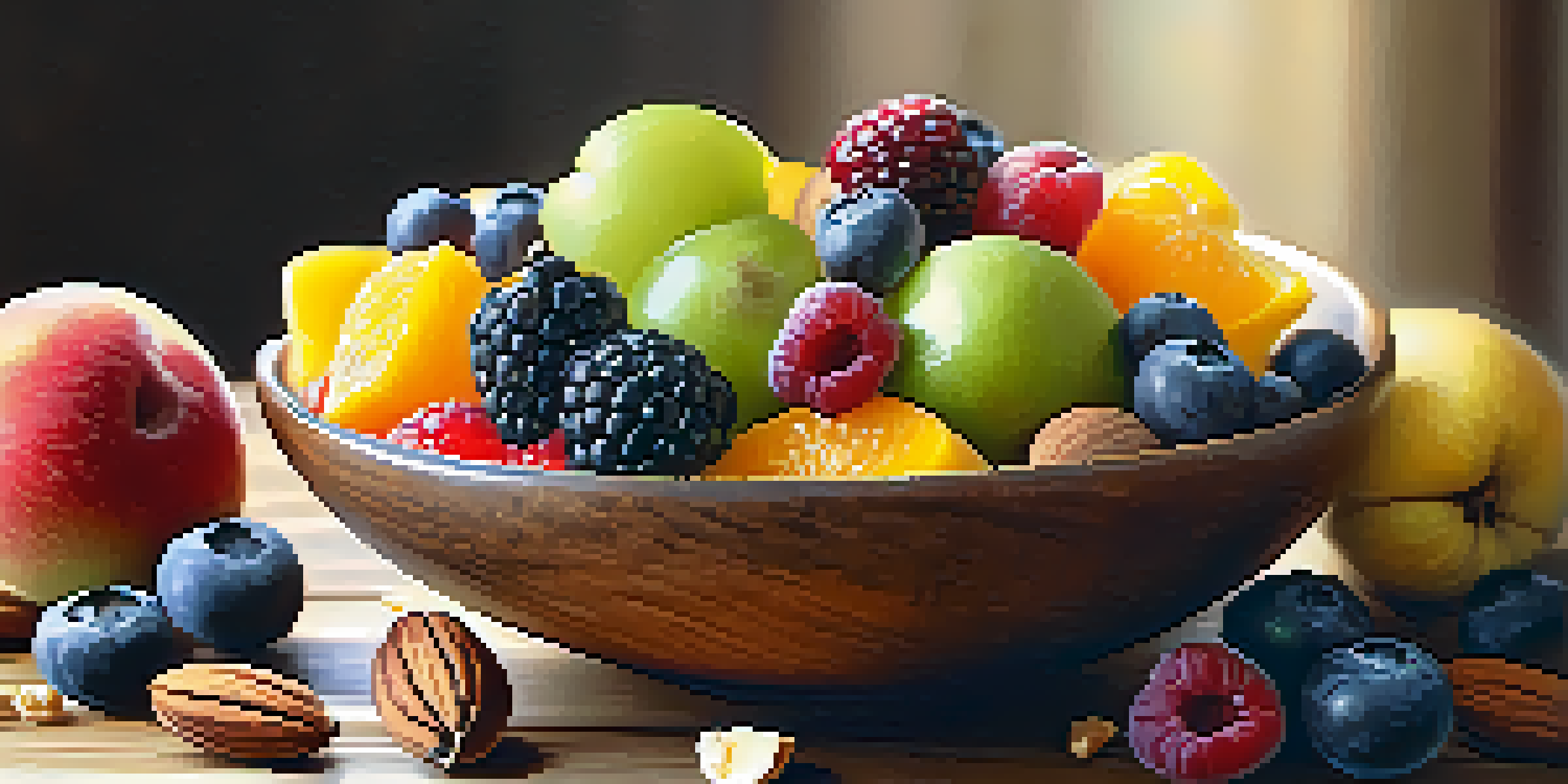 A close-up view of a bowl of colorful fresh fruits and nuts, with chia seeds sprinkled on top, placed on a wooden table with sunlight illuminating the scene.