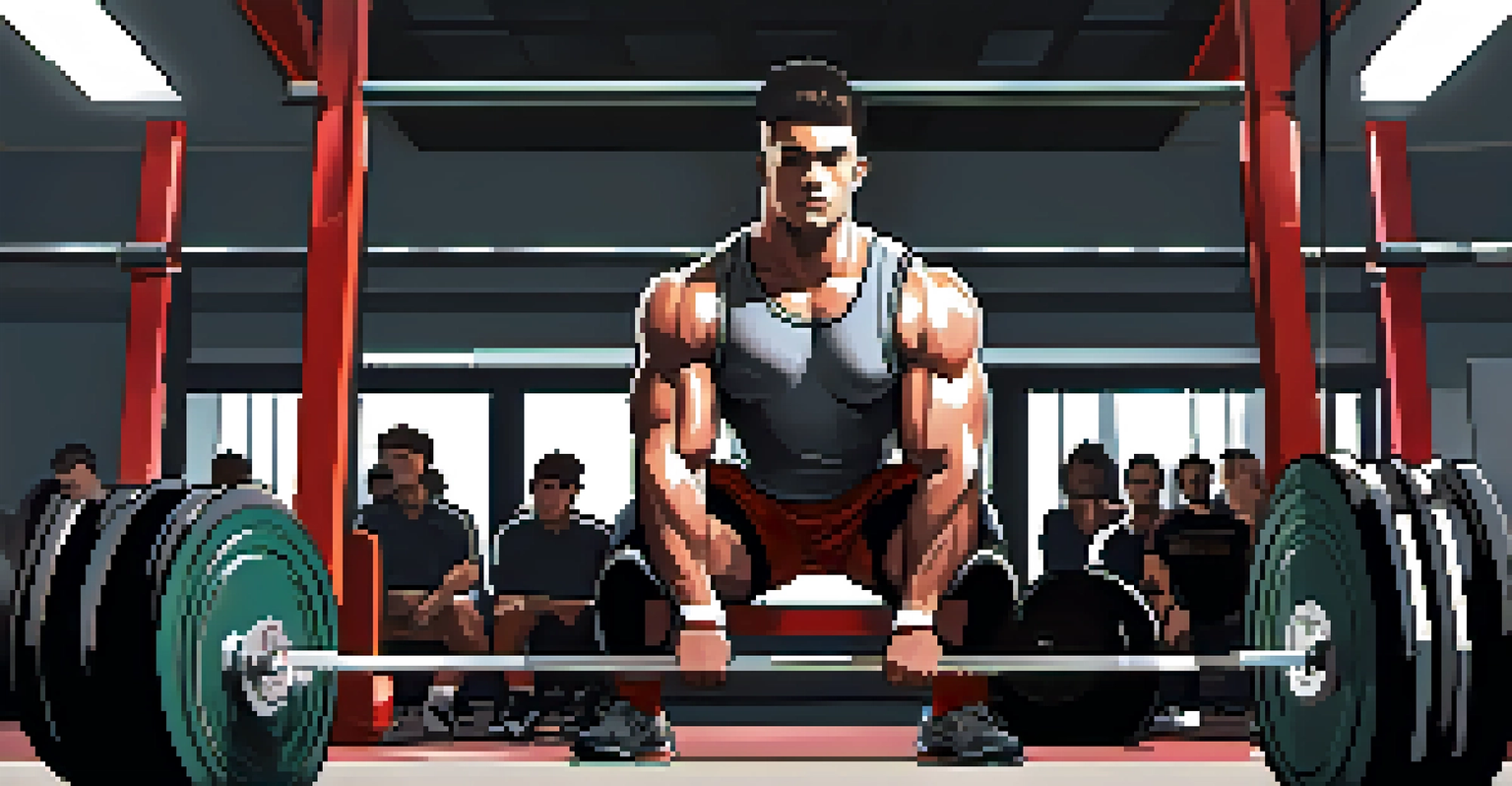 An athlete in a gym wearing a nylon powerlifting belt, adjusting it in front of a mirror with gym equipment in the background.