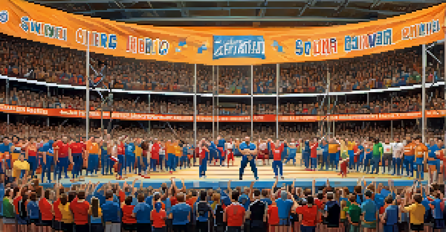 A group of powerlifting athletes support each other during a competition, creating an atmosphere of camaraderie and encouragement.