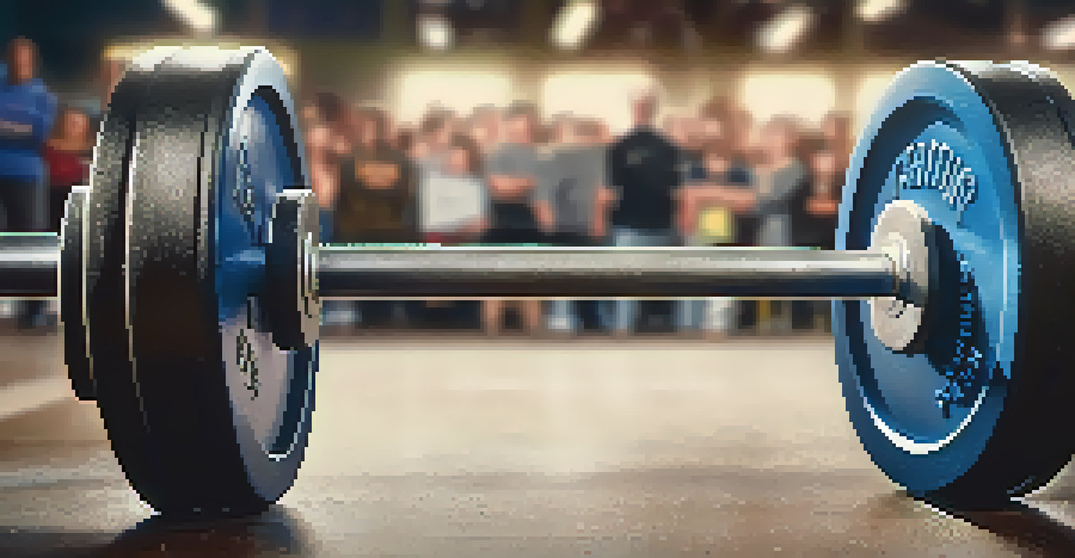 A close-up view of a barbell with weights on a gym floor, with powerlifting equipment and a cheering crowd in the background.
