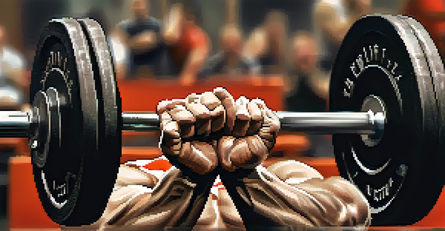 Close-up of a powerlifter's hands gripping a barbell, highlighting the chalk dust and intense focus.