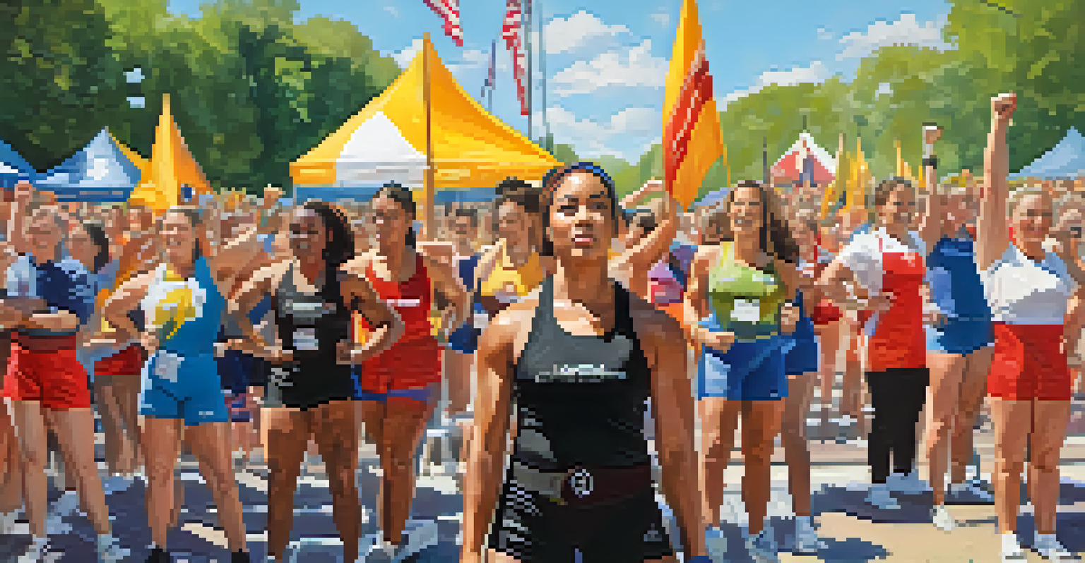 Women competing in an outdoor powerlifting event, surrounded by a supportive crowd and bright banners.