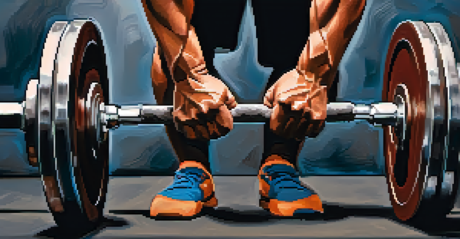 Close-up of a powerlifter's chalked hands gripping a barbell, with a blurred background emphasizing the intensity of the lift.