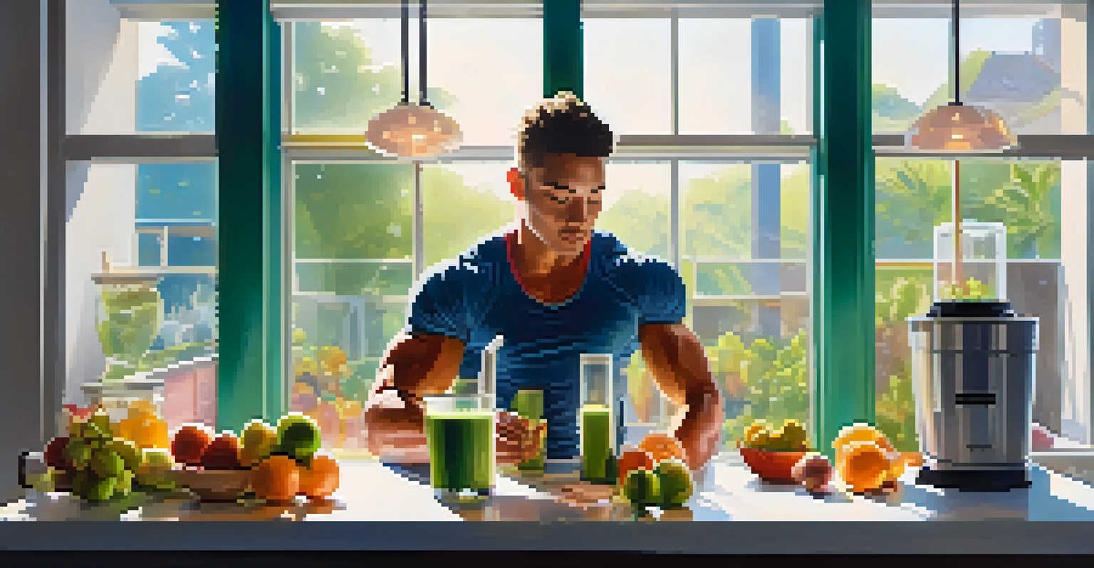 A focused athlete in a gym making a protein shake with fruits and powder, bathed in sunlight.