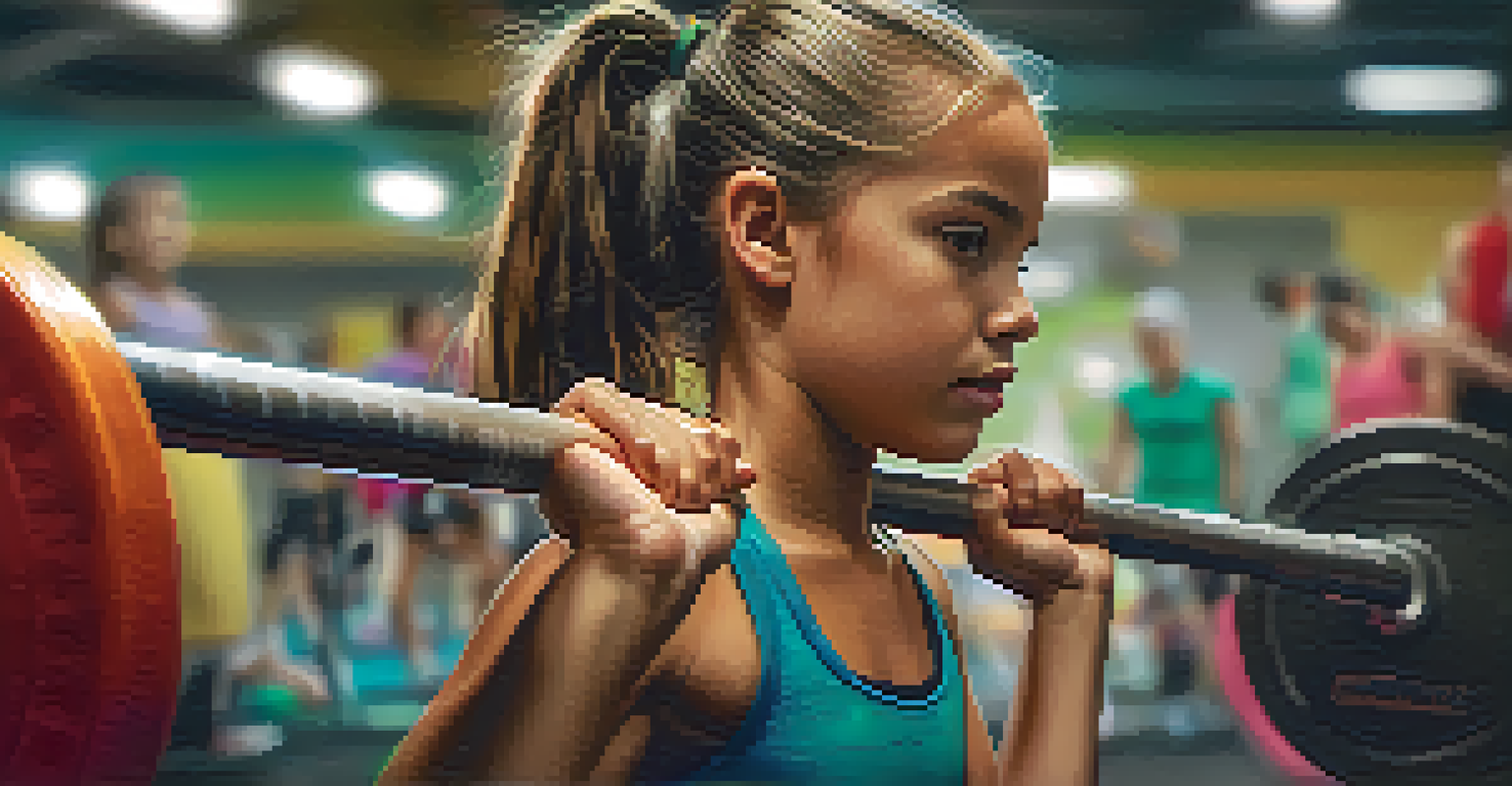 A young girl preparing to lift a barbell in a gym, showcasing concentration and determination.