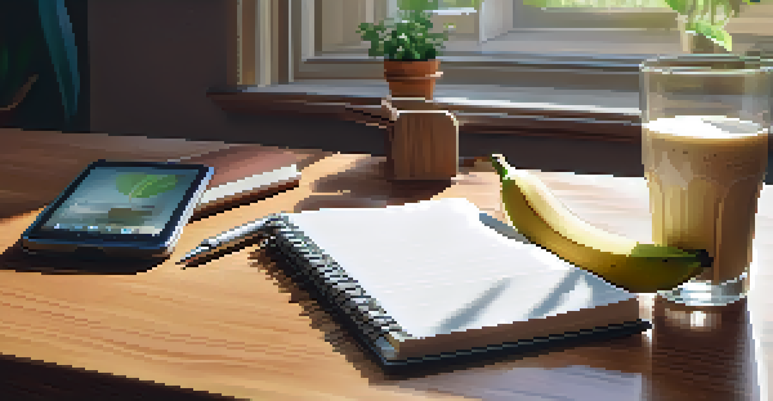 A post-workout recovery setup with a protein shake, banana, and leafy greens on a wooden table, alongside a notebook and pen.