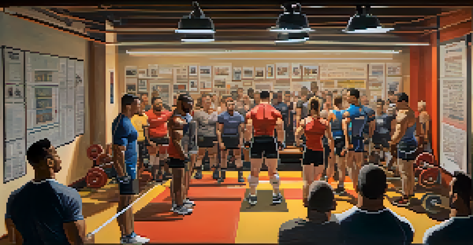 A coach and athlete discussing techniques in a supportive gym environment with teammates around.