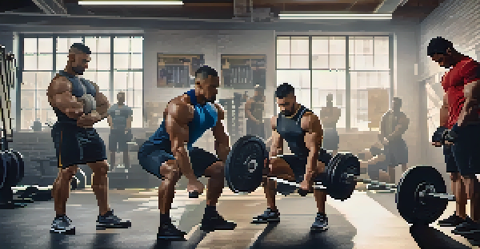 A diverse group of powerlifters training in a well-lit gym, displaying determination and camaraderie.