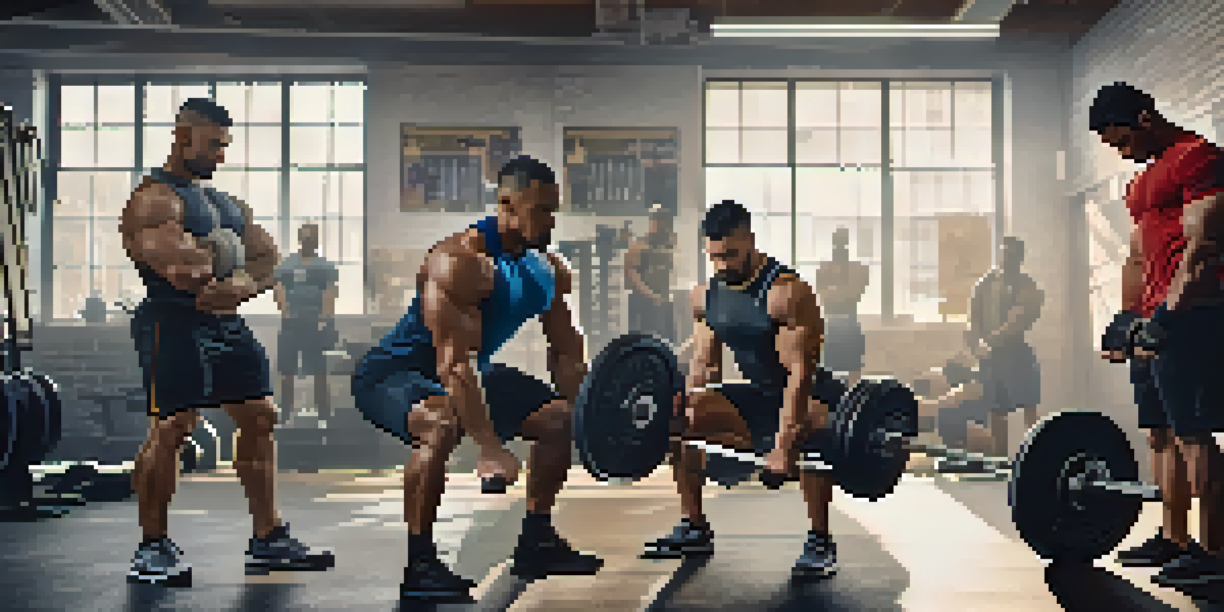 A diverse group of powerlifters training in a well-lit gym, displaying determination and camaraderie.