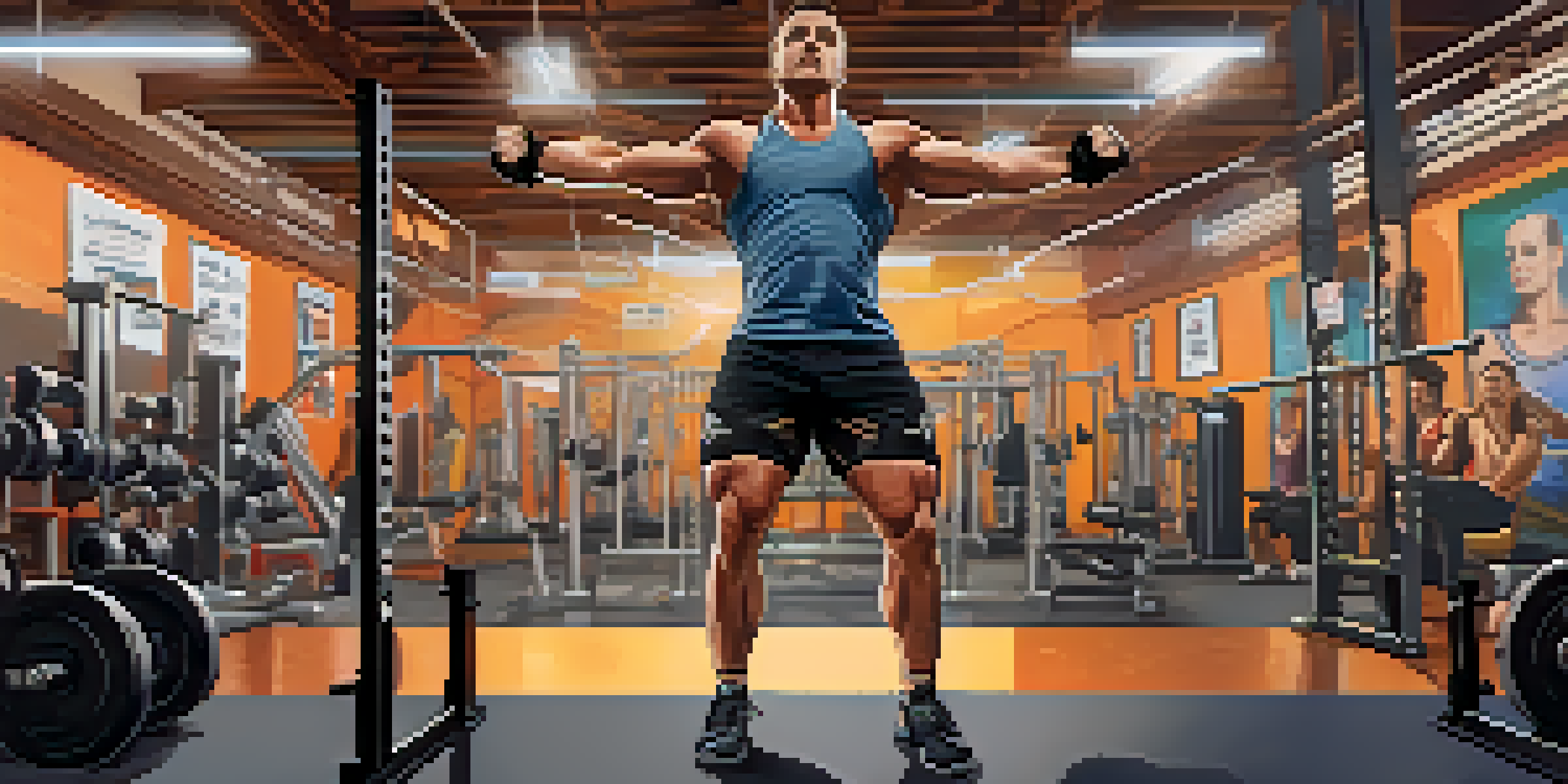 A powerlifter engaged in dynamic stretches, leg swings and arm circles, in a well-lit gym with gym equipment in the background.