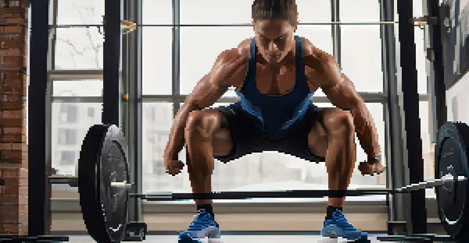 Athlete squatting in a gym with knee sleeves on, focusing on knee support.