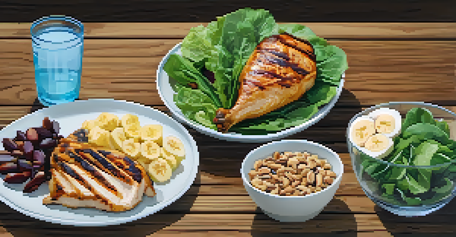 A nutritious meal with grilled chicken, leafy greens, nuts, and a banana on a wooden table.