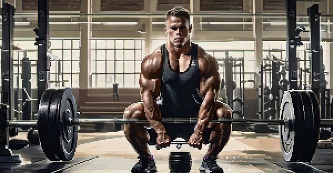 A powerlifter performing a heavy barbell squat in a bright gym, showcasing determination and strength.