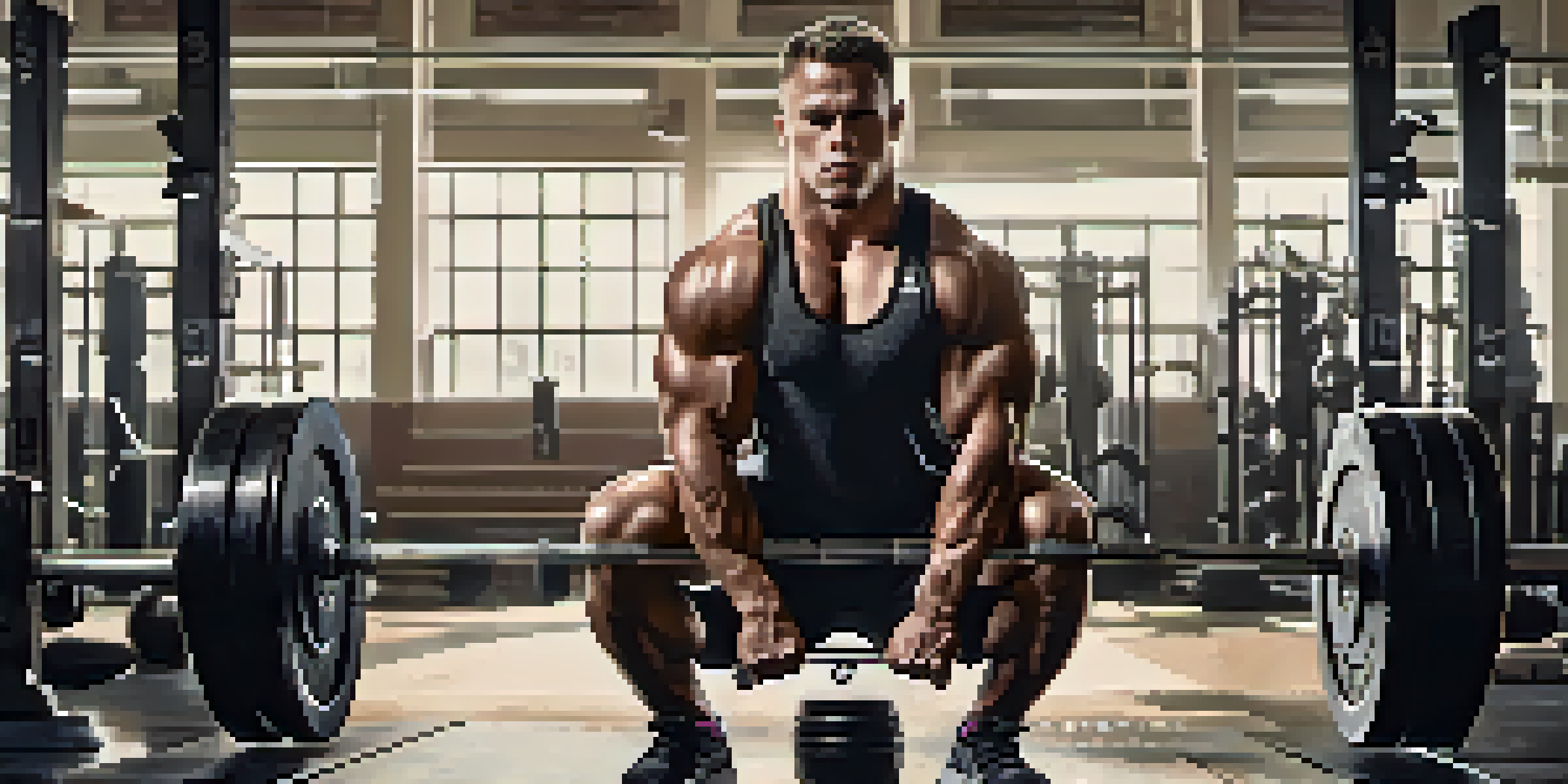 A powerlifter performing a heavy barbell squat in a bright gym, showcasing determination and strength.