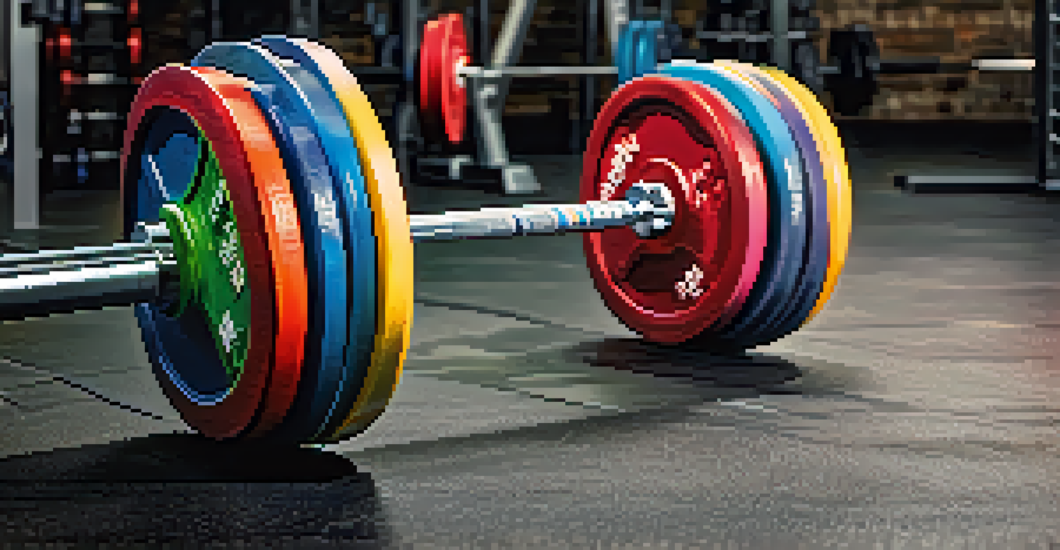 Close-up of a loaded powerlifting barbell on a squat rack, with chalk dust and a blurred gym background.