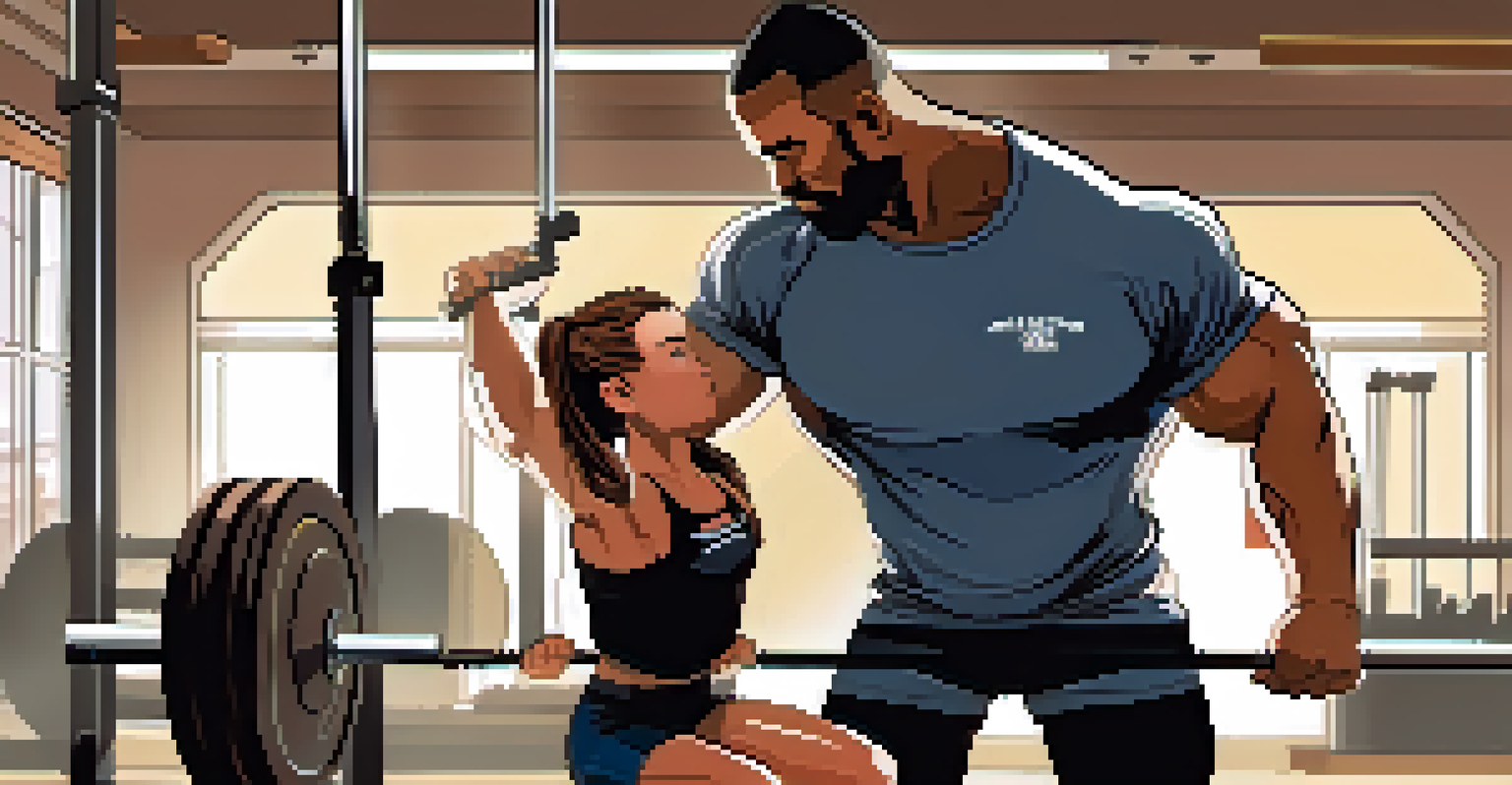 A coach teaching a novice lifter the correct barbell lifting technique in a gym.