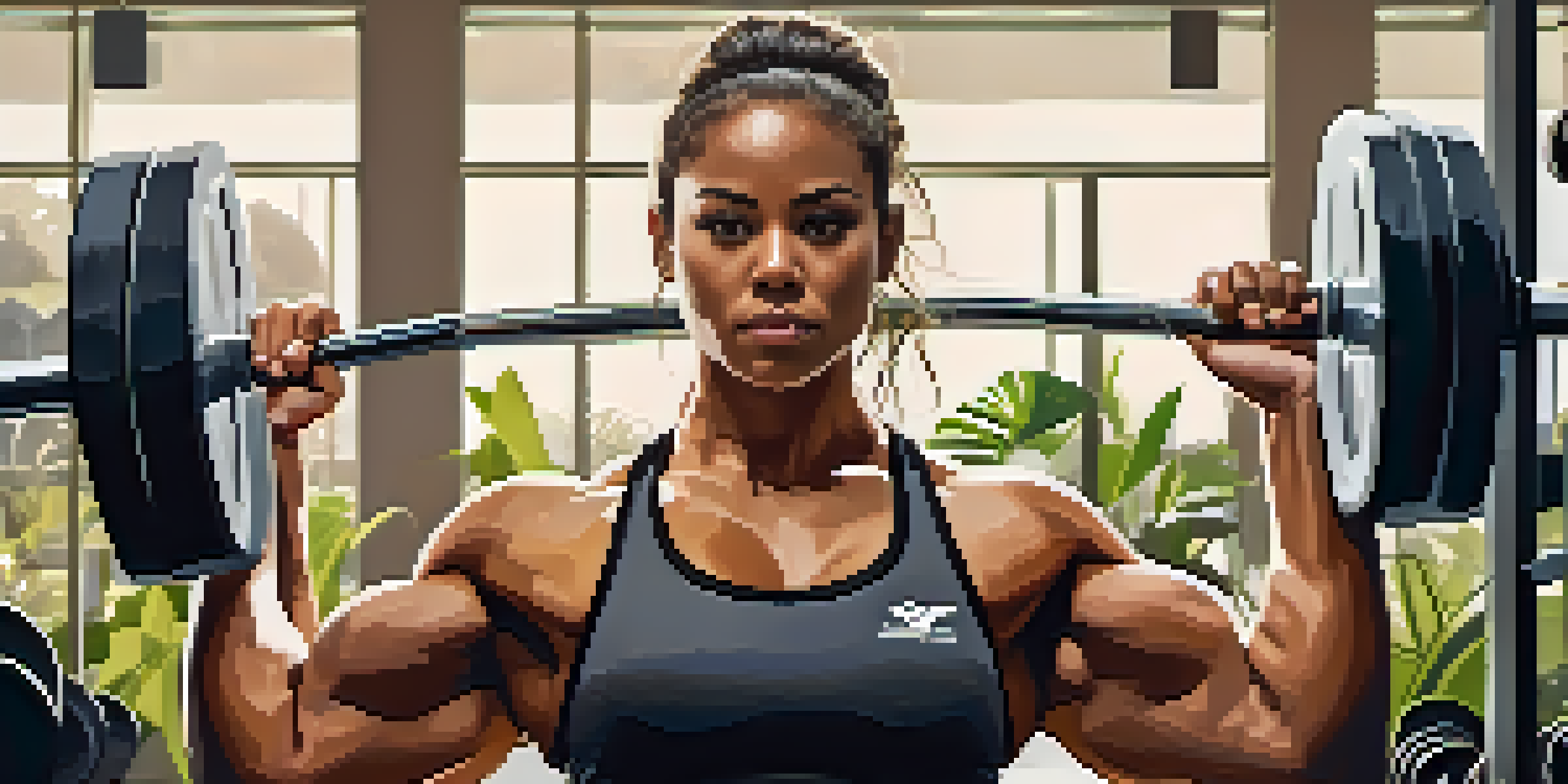 A powerlifter lifting weights in a gym, surrounded by plants and eco-friendly items, with motivational sustainability posters in the background.