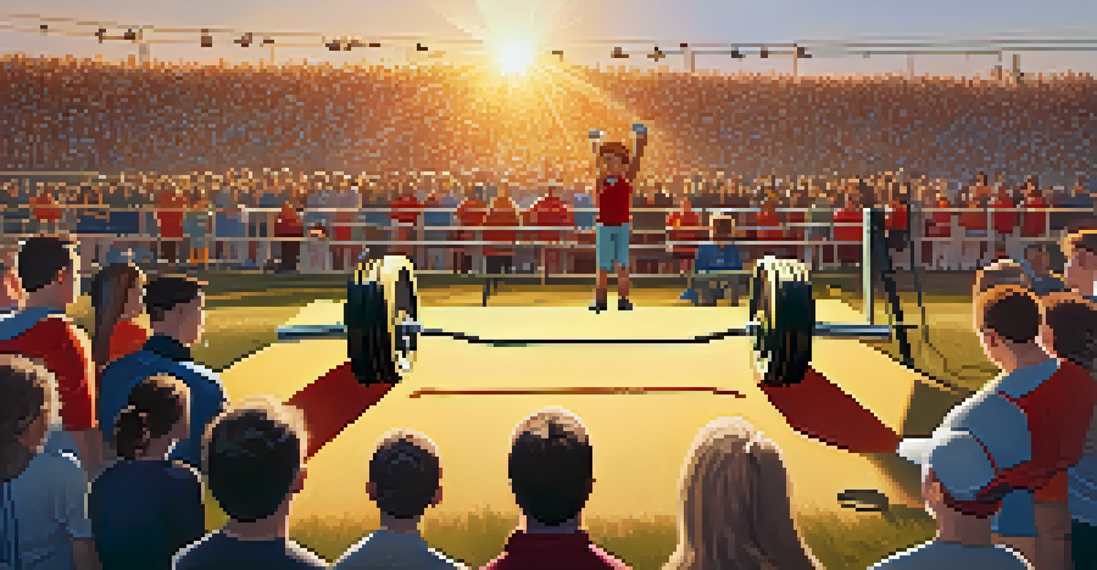 Young athletes lifting weights at an outdoor powerlifting competition with a cheering crowd and colorful banners under a sunset.