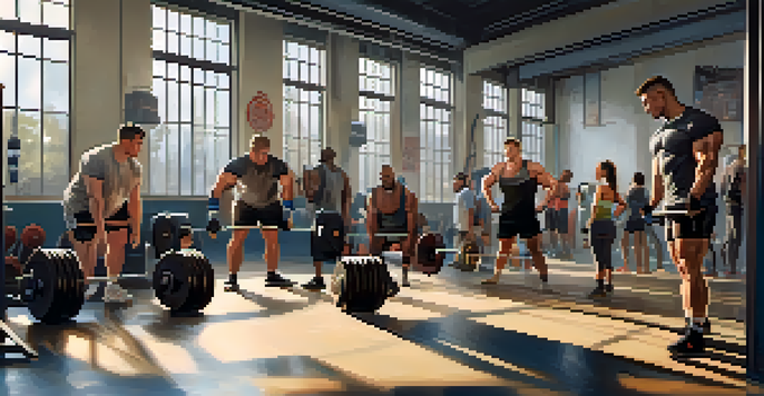 A diverse group of athletes squatting with weights in a well-lit gym, showcasing focus and determination.