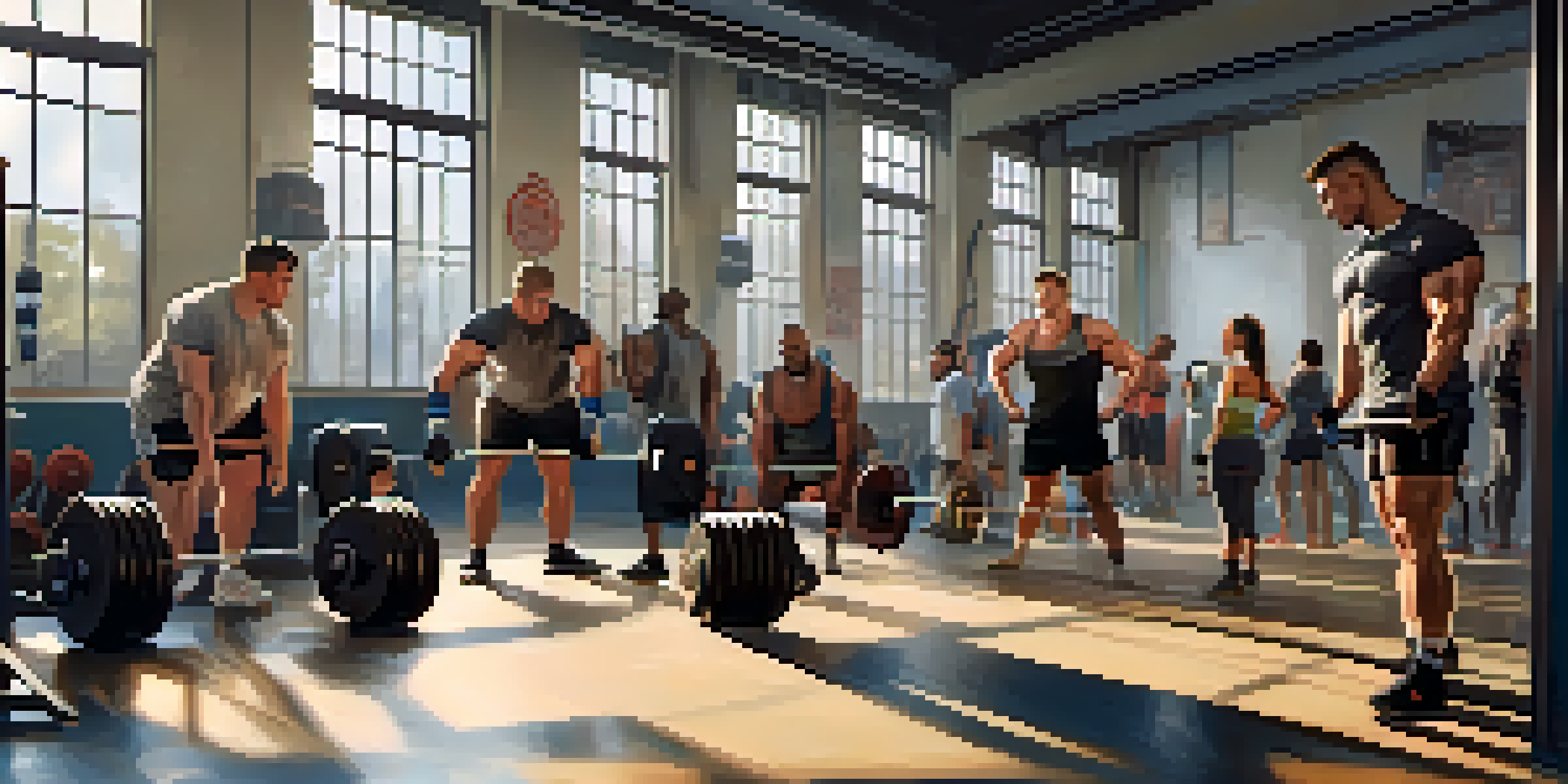 A diverse group of athletes squatting with weights in a well-lit gym, showcasing focus and determination.