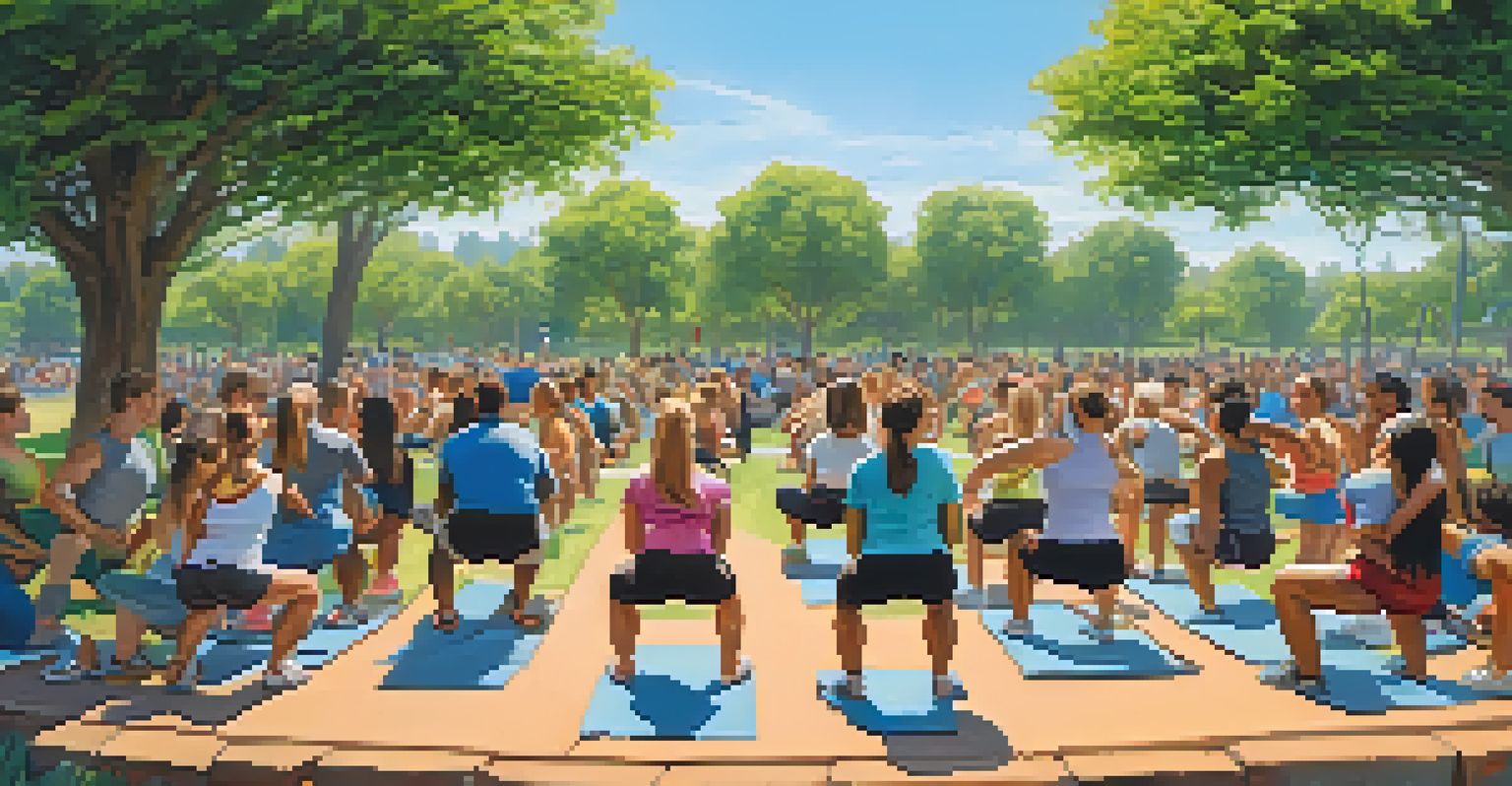 A diverse group of people doing squats in a park, showcasing various squat variations in a sunny outdoor setting.