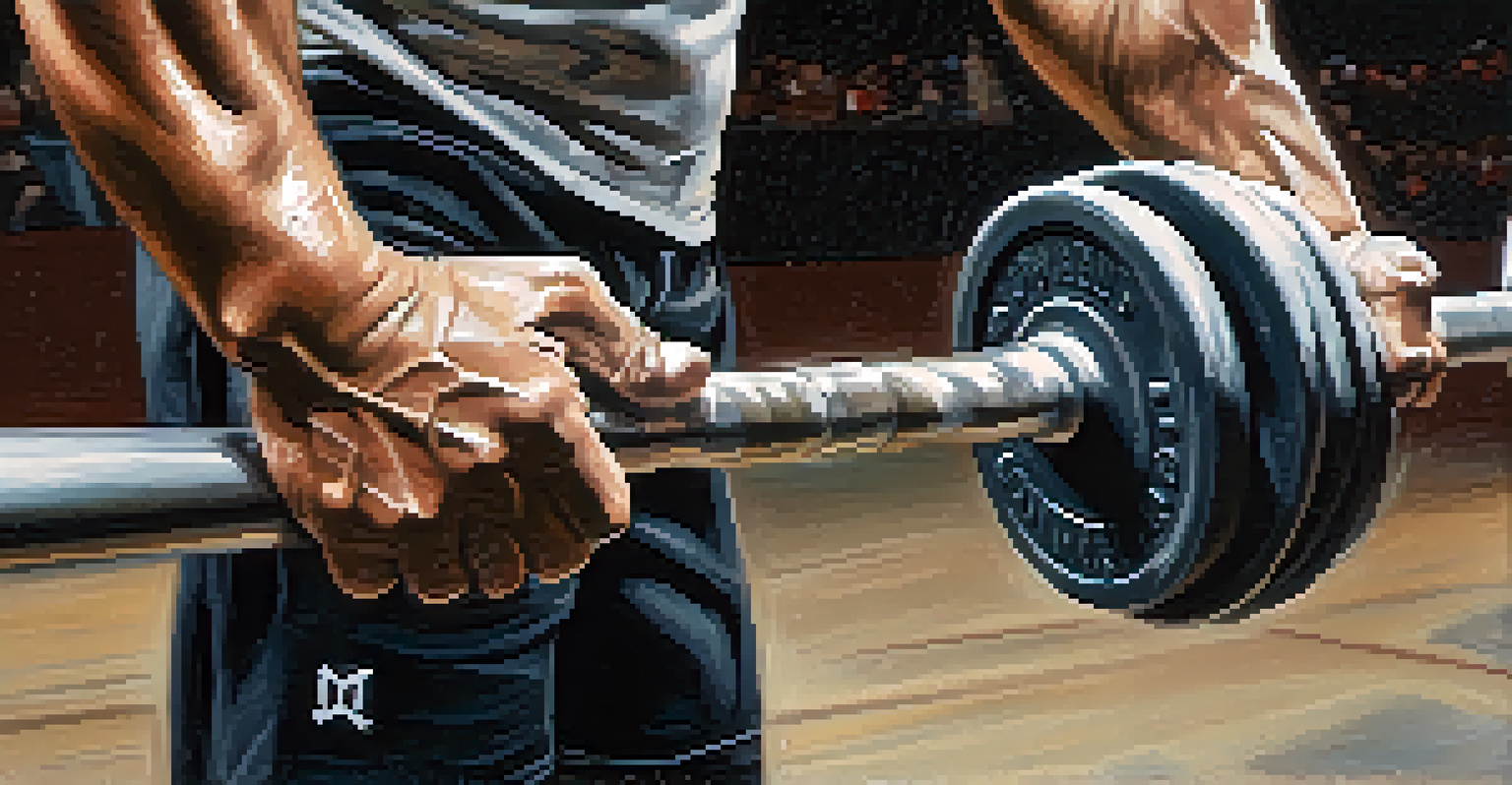 A close-up of a powerlifter's hands gripping a barbell, showcasing chalk dust and sweat.