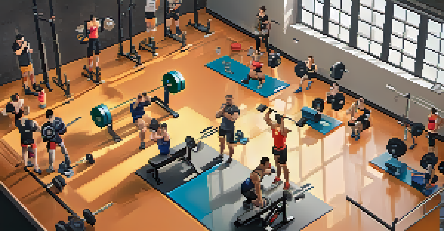 A group of athletes in a gym sharing data from wearable devices during a powerlifting training session.