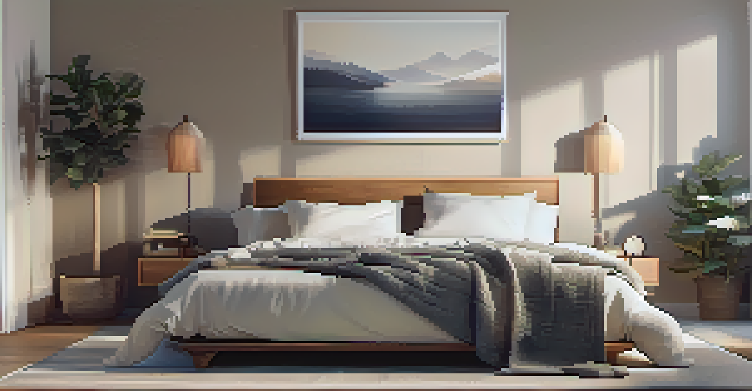 A cozy bedroom designed for optimal sleep, featuring a bed with soft linens and warm lighting.