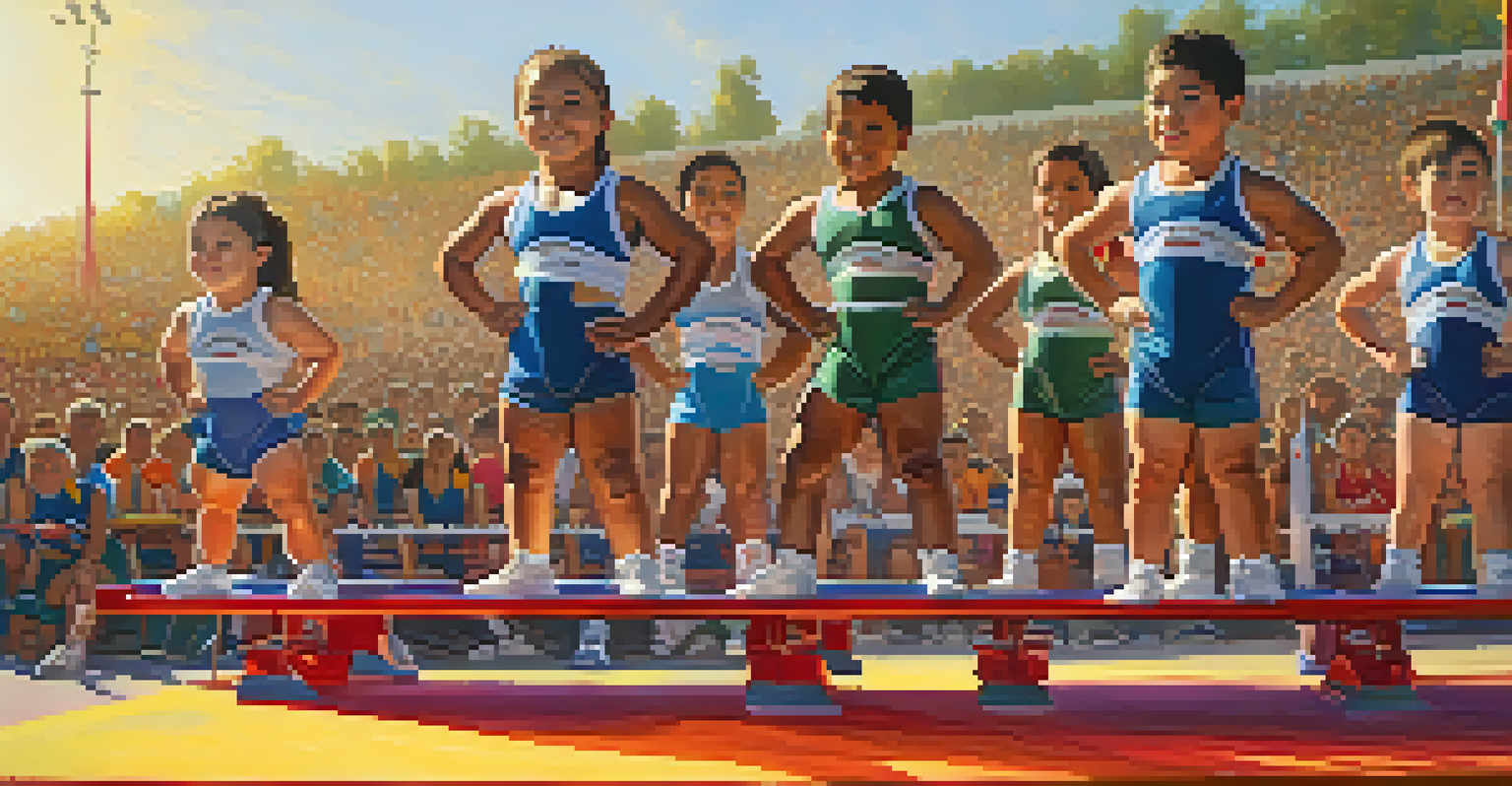 Young powerlifters competing outdoors, each preparing to lift on a colorful platform with cheering spectators and a sunset backdrop.