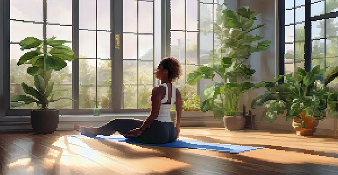 A powerlifter practicing yoga in a bright gym, demonstrating downward dog pose with plants around.