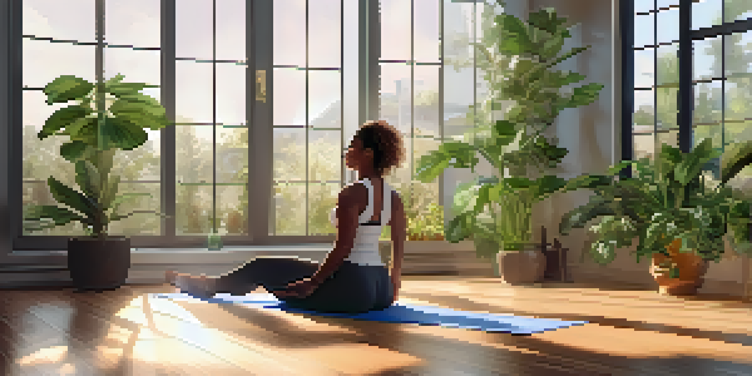 A powerlifter practicing yoga in a bright gym, demonstrating downward dog pose with plants around.