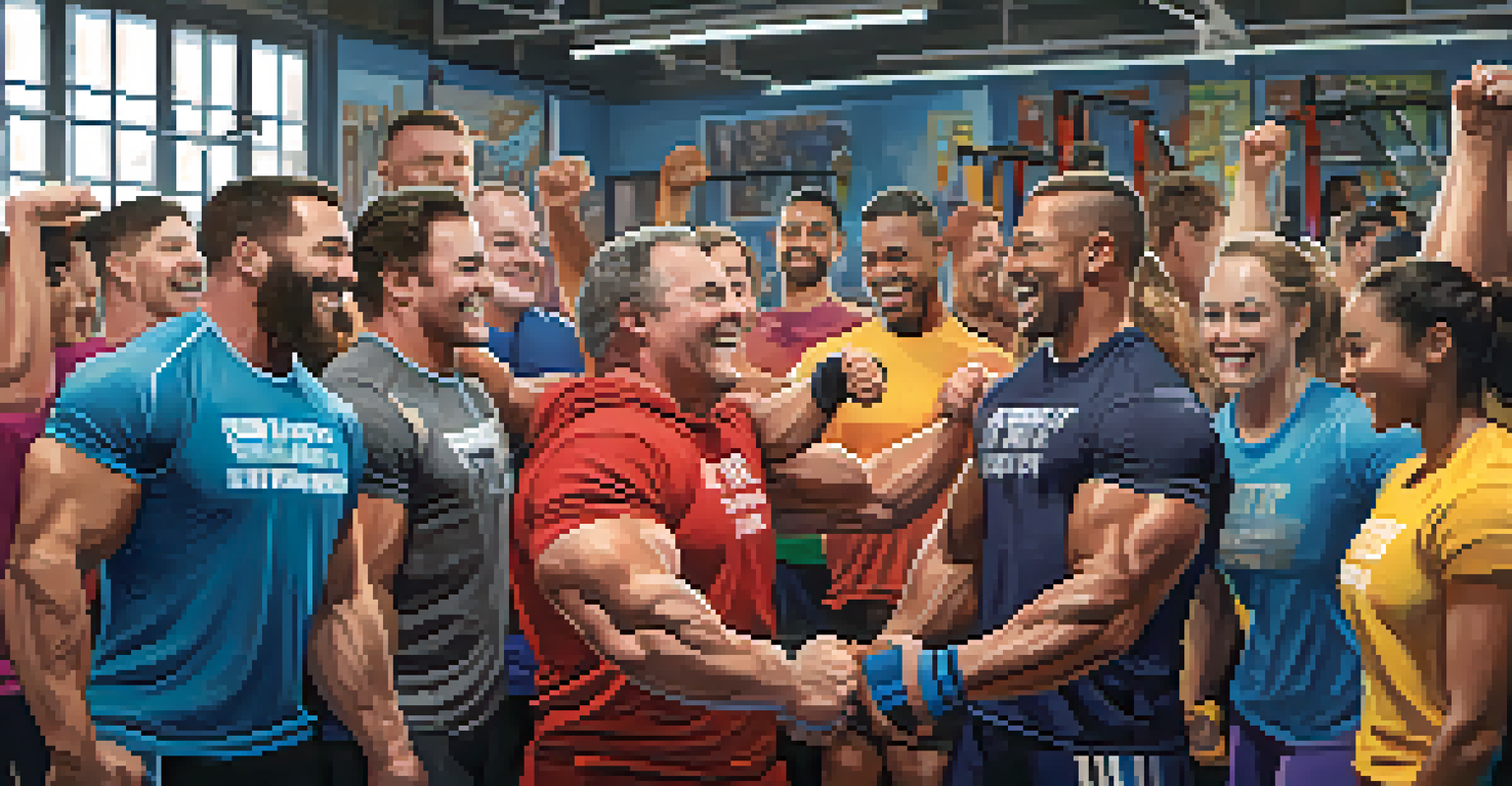 A group of happy powerlifters celebrating their success with high-fives in a bright gym filled with colorful equipment.