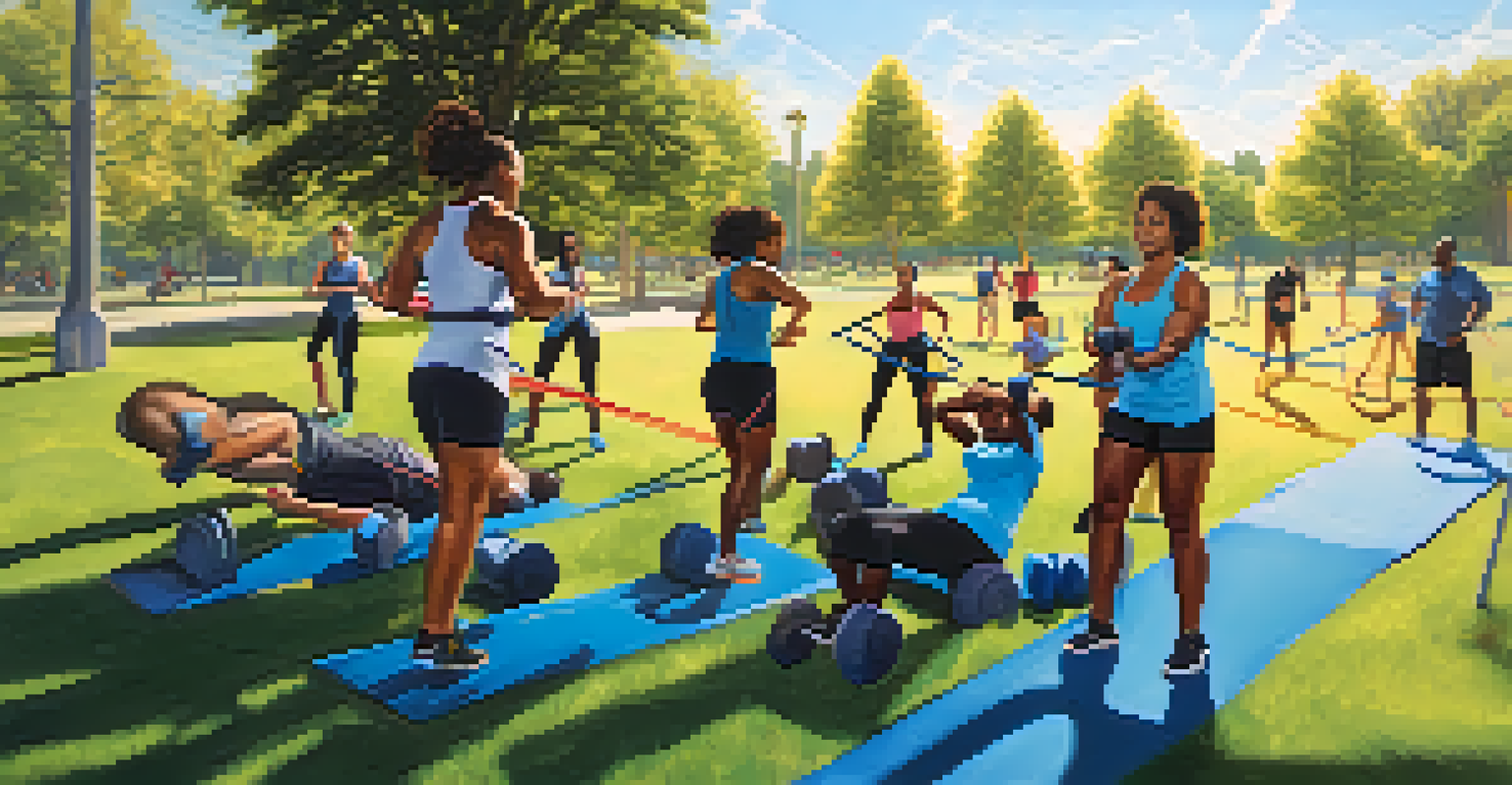 A diverse group of people participating in a strength training circuit in a sunny park.