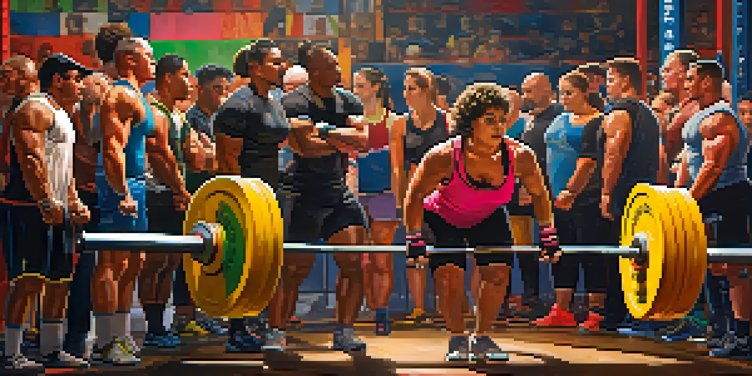 A diverse group of powerlifting athletes competing in a lively local competition, with spectators cheering and colorful weights in a well-lit gym.
